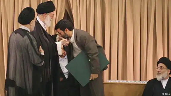 Fromer Iranian president Mahmoud Ahmadinejad kissing the hands of Supreme Leader Ali Khamenei during his inauguration ceremony in Tehran