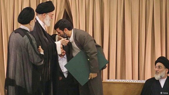 Fromer Iranian president Mahmoud Ahmadinejad kissing the hands of Supreme Leader Ali Khamenei during his inauguration ceremony in Tehran