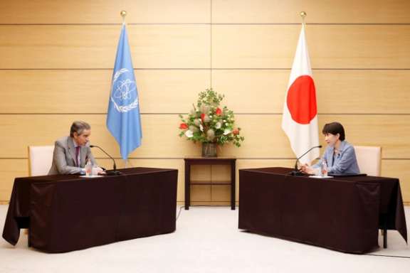 Rafael Mariano Grossi Director General of the International Atomic Energy Agency (IAEA) speaks with Japanese Prime Minister Sanae Takaichi during a courtesy visit to Takaichi at the prime minister's office in Tokyo, Japan, June 26, 2026.