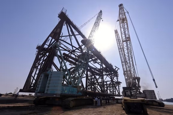 A massive new jacket is loaded to be installed on a barge at Phase 11 of South Pars in the Persian Gulf, Bushehr, Iran, August 26, 2025