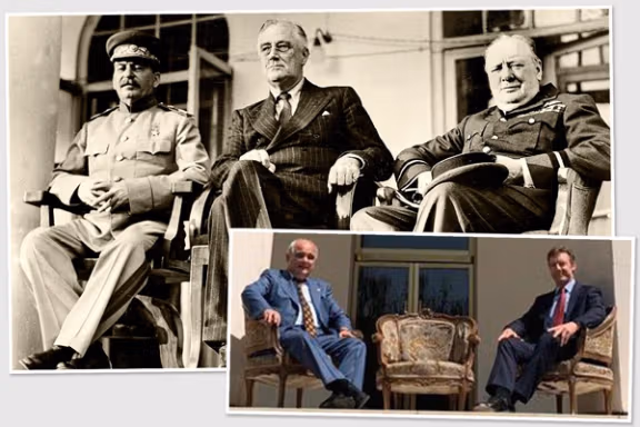 A combo picture of Russia's ambassador to Iran Levan Dzhagaryan (Jagarian) and UK’s Ambassador to Tehran Simon Shercliff beside a photo of former US president Franklin D. Roosevelt, Former UK Prime Minister Winston Churchill, and former Premier of the Soviet Union Joseph Stalin in the same place in the Russian embassy’s grand colonnade in Tehran