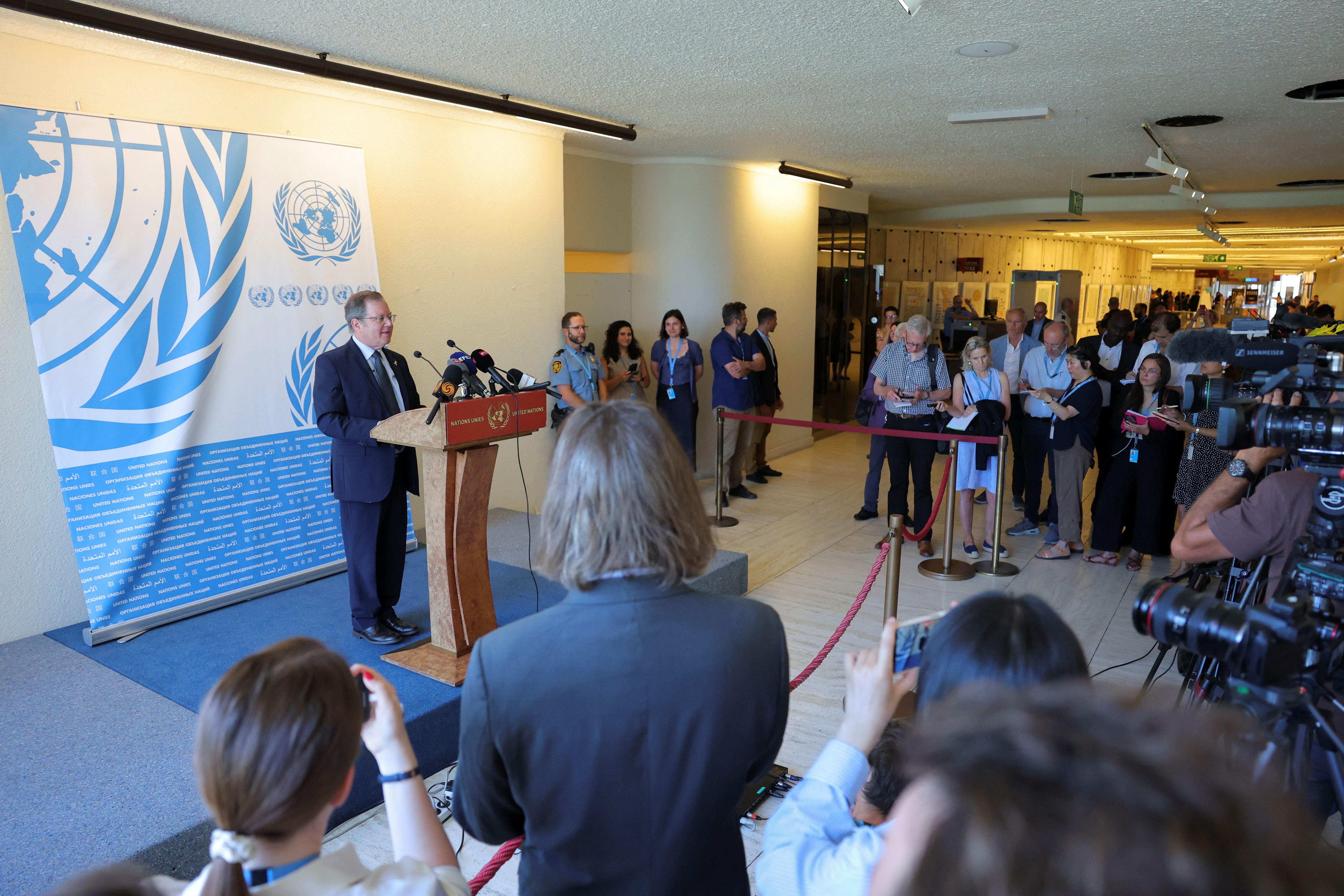 Permanent Representative of Israel to the United Nations in Geneva, Ambassador Daniel Meron, addresses the media at the Palais des Nations in Geneva, Switzerland, June 20, 2025. 