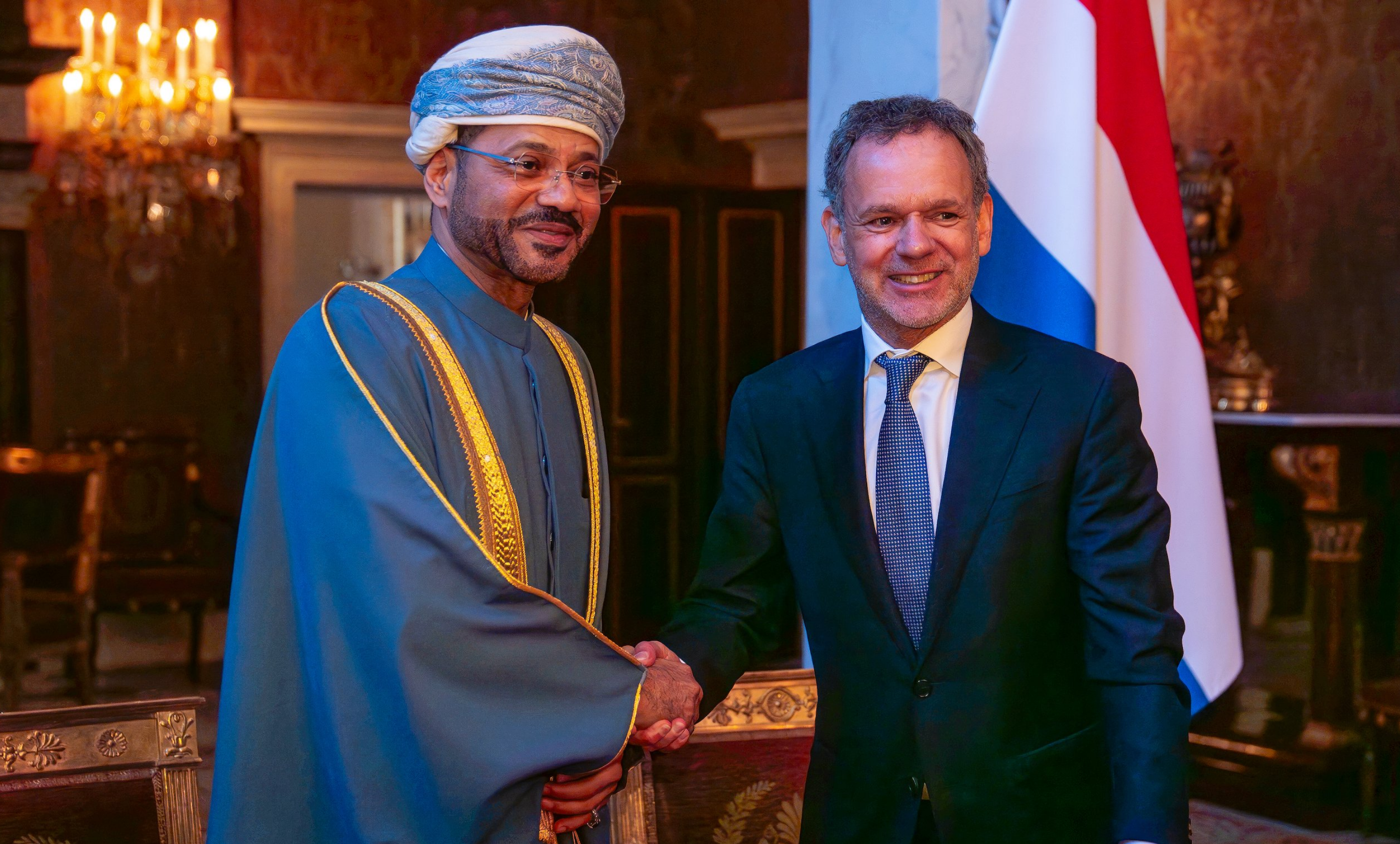 Dutch Foreign Minister Caspar Veldkamp (right) shakes hands with Omani Foreign Minister Badr al-Busaidi during a meeting in the Netherlands, April 15, 2025.