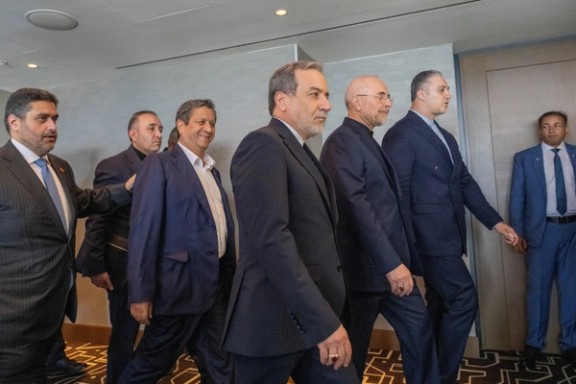 Minister of Foreign Affairs of Iran Abbas Araqchi, and Speaker of Iran Mohammed Bagher Ghalibaf with the delegation of Iran at the Lake Lucerne Summit at the Buergenstock resort in Obbuergen, near Lucerne, Switzerland, Sunday, June 21, 2026.
