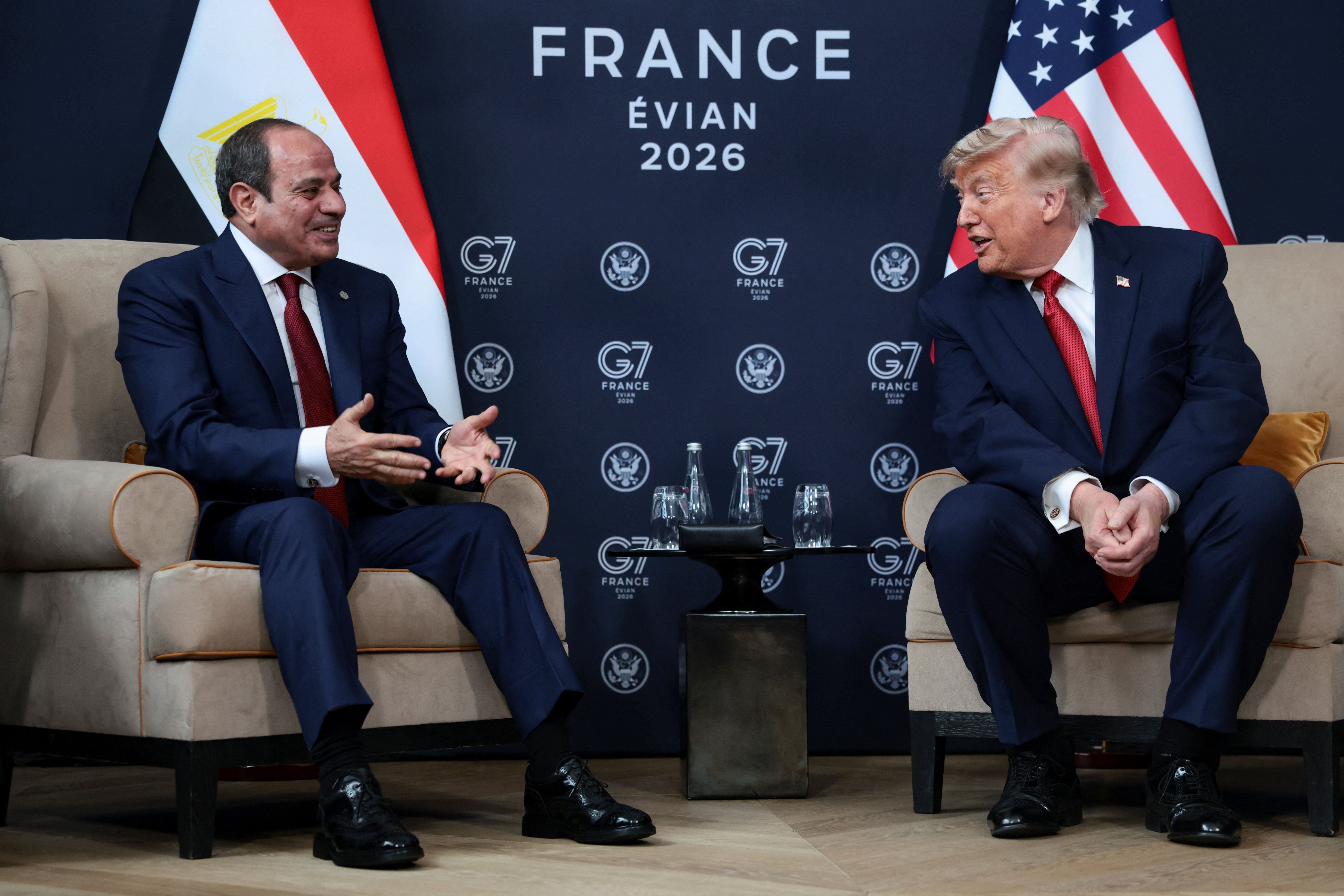 US President Donald Trump attends a bilateral meeting with Egyptian President Abdel Fattah el-Sisi on the sidelines of the G7 Summit in Evian-les-Bains, France, on June 17, 2026.