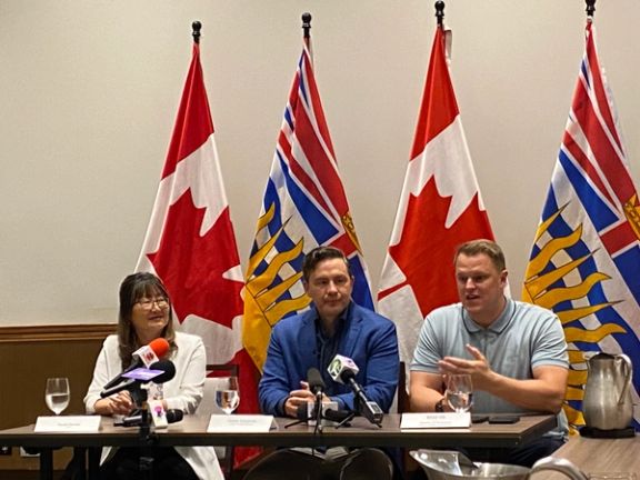 Canadian Conservative Party leader Pierre Poilievre speaking to Canadian media at a news conference in Surrey, British Columbia.