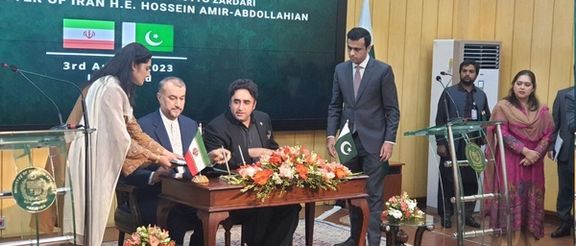 Iran's Foreign Minister Hossein Amir-Abdollahian (left) during a joint press conference with his Pakistani counterpart Bilawal Bhutto Zardari in islamabad on August 3, 2023