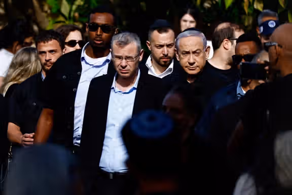 Israeli Prime Minister Benjamin Netanyahu attends the funeral of an Israeli solider in Herzliya, Israel, on December 8, 2023.