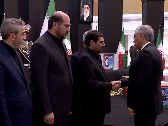 Acting President Mohammad Mokhber greeting the speaker of Russia's parliament Vyacheslav Volodin, May 22, 2024.
