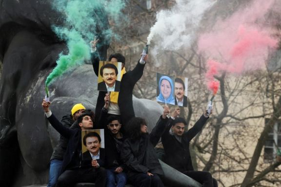 Supporters of the exiled National Council of Resistance of Iran opposition group-- also known as the MEK -- rally in solidarity with the Iranian people, in Paris, France, February 12, 2023.