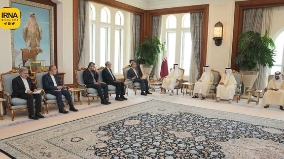 Iran’s Foreign Minister Hossein Amir-Abdollahian and his delegation during a meeting with Emir of Qatar Tamim bin Hamad Al Thani in Doha on June 20, 2023