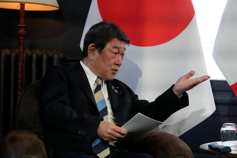 Japan's Minister of Foreign Affairs, Motegi Toshimitsu, speaks with France's Foreign Affairs Minister Jean-Noel Barrot (not pictured), during a bilateral meeting on the sidelines of the G7 Foreign Ministers' meeting with Partner Countries in Cernay-la-Ville outside Paris, France, March 26, 2026.     Michel Euler/Pool via REUTERS