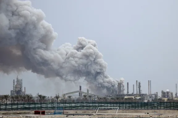 Smoke rises following a strike on the Bapco oil refinery, amid the Middle East conflict, on Sitra Island Bahrain on March 9, 2026.