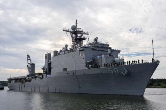 USS Carter Hall (LSD-50) pulls away from the pier as they set to depart for a scheduled deployment, July 10, 2023.