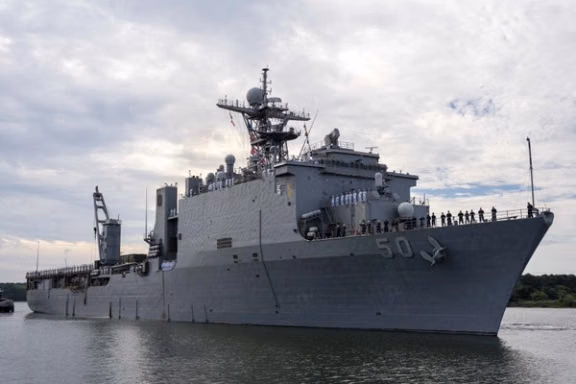 USS Carter Hall (LSD-50) pulls away from the pier as they set to depart for a scheduled deployment, July 10, 2023.