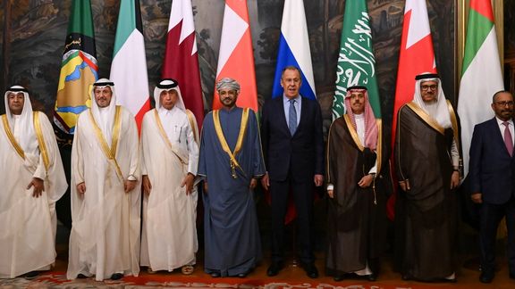 Russian Foreign Minister Sergei Lavrov with his counterparts of the Persian Gulf Cooperation Council (GCC) member states from Kuwait, Oman, Saudi Arabia, Bahrain, United Arab Emirates, Qatar's and the GCC Secretary General Jasem Mohamed AlBudaiwi, in Moscow on July 10, 2023