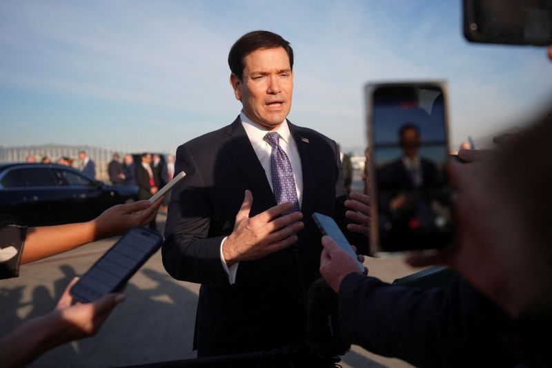 U.S. Secretary of State Marco Rubio speaks to the press before boarding a plane at Eleftherios Venizelos International Airport near Athens, Greece, Thursday, Oct. 8, 2026.     Mark Schiefelbein/Pool via REUTERS