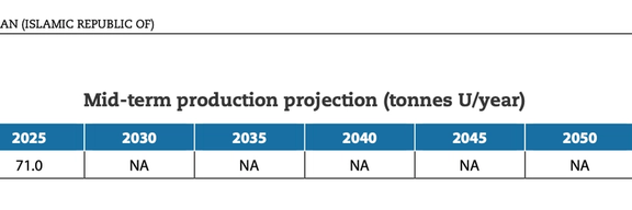A screengrab of the 'Uranium 2024: Resources, Production and Demand' report showing Iran's mid-term uranium production projections
