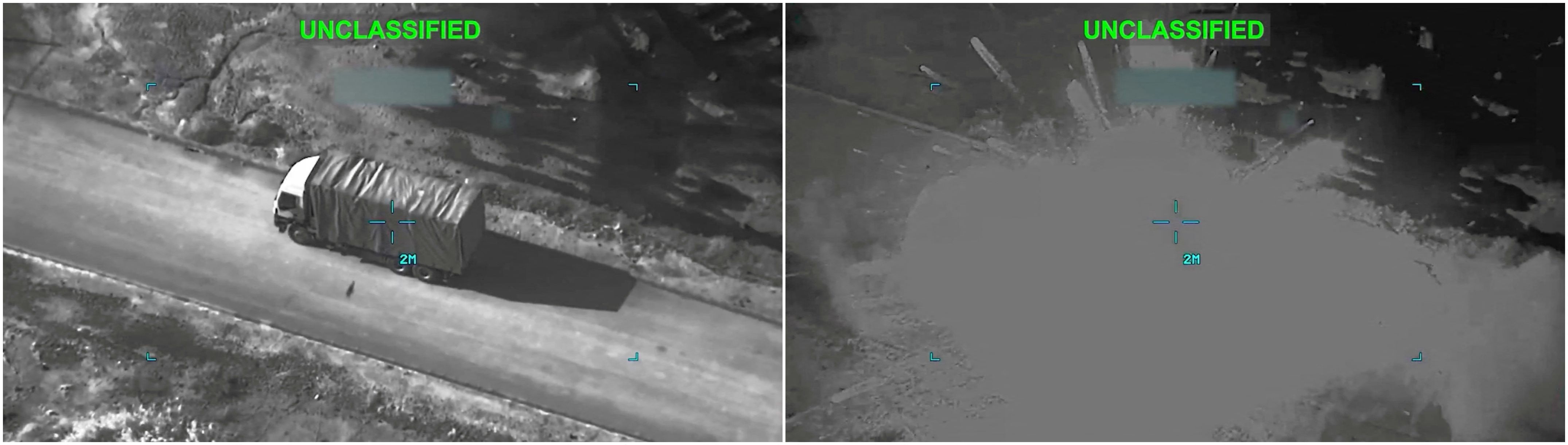 A combination image shows a projectile reaching an imported Iveco truck (left) and explosion after imported Iveco truck was hit by a projectile at a location given as Iran during what U.S. Central Command (CENTCOM) says are strikes targeting Iranian mobile missile-launch capabilities, in this screengrab taken from a handout video released on March 5, 2026. U.S. Central CommandHandout via REUTERS