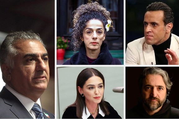 Clockwise: Reza Pahlavi, Masih Alinejad, Ali Karimi, Hamed Esmailion and Nazanin Boniadi