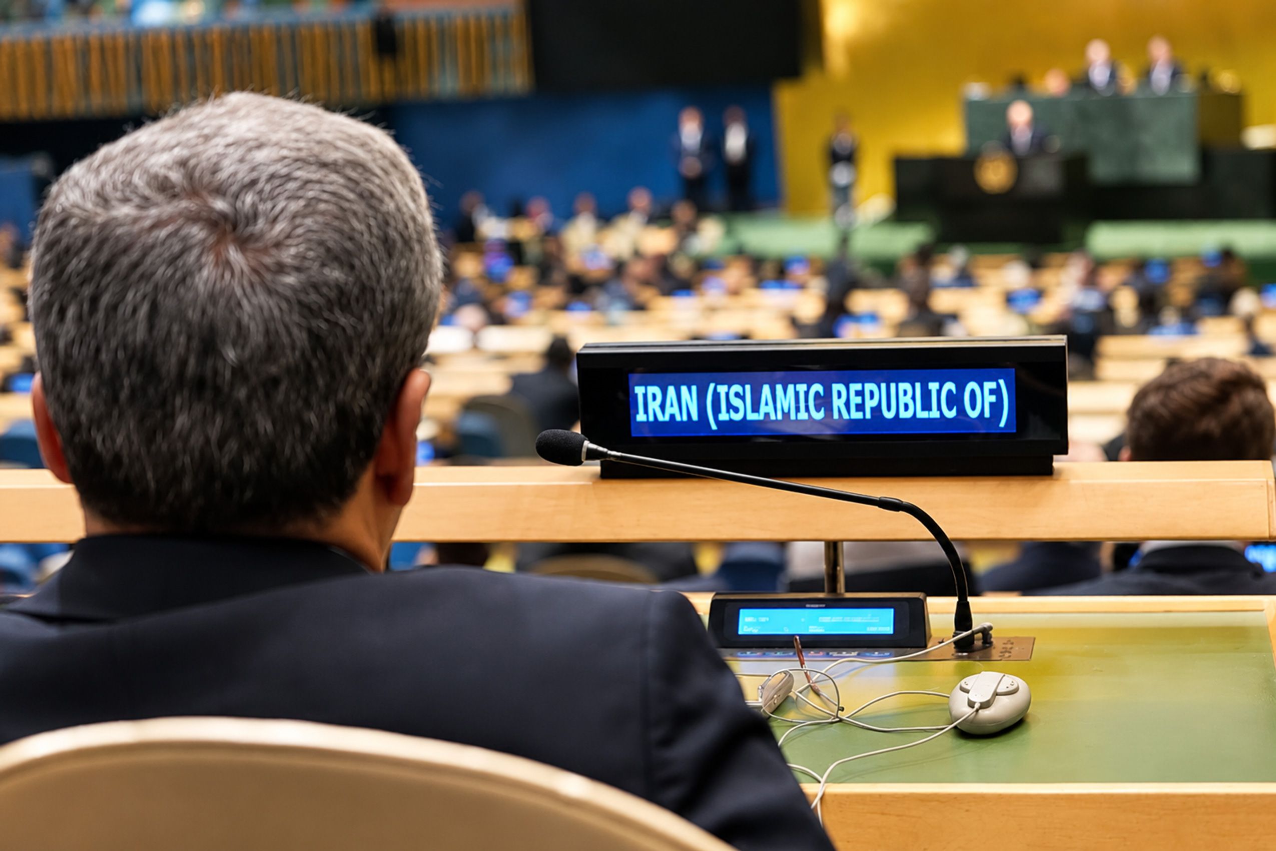 Foreign Minister Abbas Araghchi, seen from behind, listens as President Masoud Pezeshkian addresses the UN General Assembly in New York on September 23, 2026.