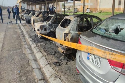 Cars destroyed in attack on petrochemical company in southern Iran.