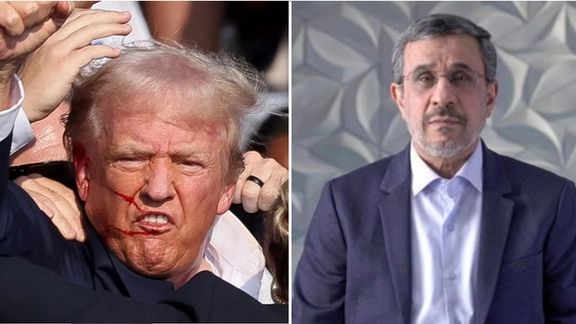 President Donald Trump moments after a failed assassination attempt on July 13, 2024 (left) and former Iranian president Mahmoud Ahmadinejad