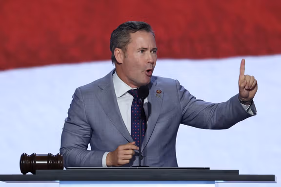 Congressman Mike Waltz speaks on Day 1 of the Republican National Convention (RNC) at the Fiserv Forum in Milwaukee, Wisconsin, July 15, 2024.