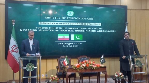 Iran's Foreign Minister Hossein Amir-Abdollahian (left) during a joint press conference with his Pakistani counterpart Bilawal Bhutto Zardari in islamabad on August 3, 2023