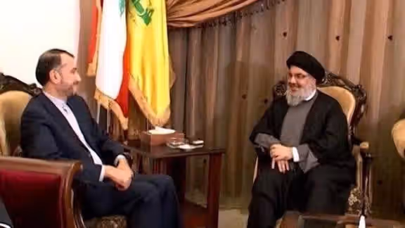 Amir-Abdollahian (L) in a meeting with Hezbollah's Nasrallah. FILE Photo