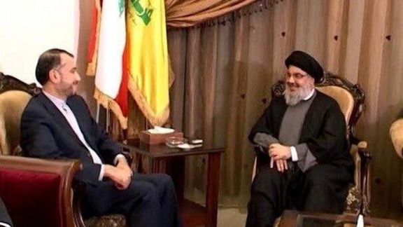 Amir-Abdollahian (L) in a meeting with Hezbollah's Nasrallah. FILE Photo