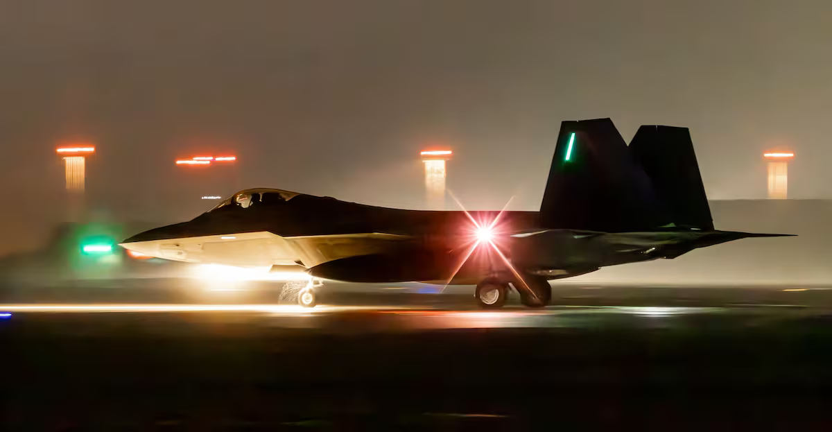 A US military F-22 Raptor lands at Lakenheath Air Base in England on Feb. 19, 2026.