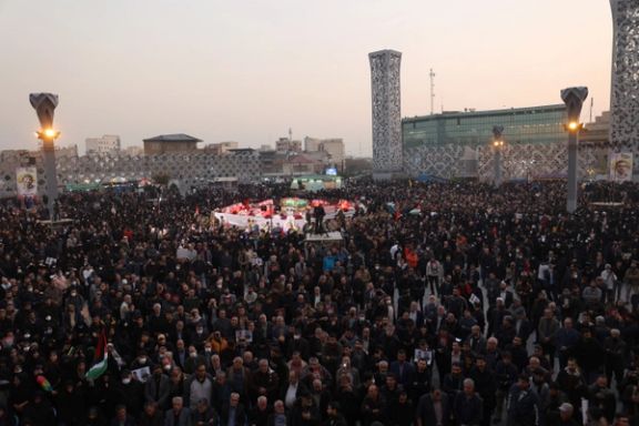 People gather for the funeral ceremony of Panah Taghizadeh and Mohammad-Ali Ataie, members of Iran's Islamic Revolution Guards Corps (IRGC) who were killed in an Israeli airstrike on Syria, held in Tehran, Iran, December 4, 2023.