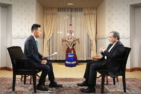 Iran FM Abbas Araghchi speaking in an exclusive interview with China's CCTV network