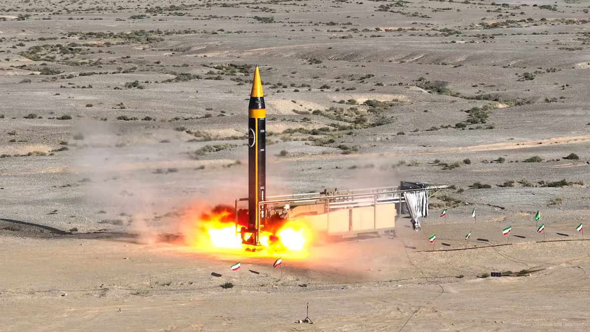 A new surface-to-surface 4th generation Khorramshahr ballistic missile called Khaibar with a range of 2,000 km is launched at an undisclosed location in Iran, in this picture obtained on May 25, 2023.