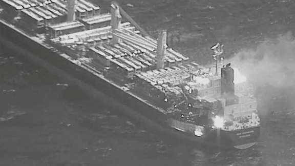 An aerial view of the Barbados-flagged ship True Confidence ablaze following a Houthi missile attack at sea, March 6, 2024.