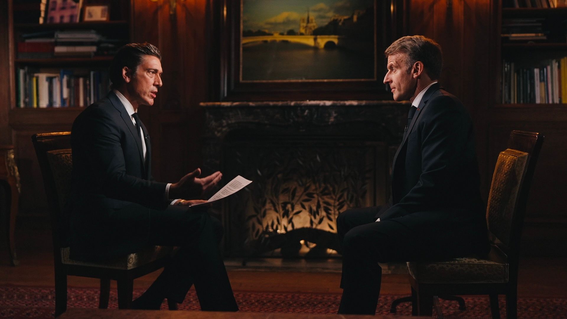 French President Emmanuel Macron sits for an interview with ABC News’ David Muir. (ABC News / X)