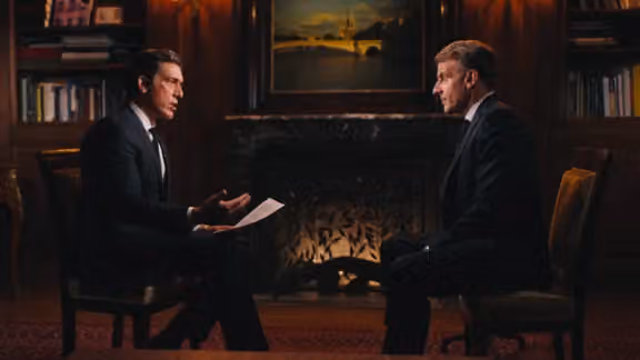 French President Emmanuel Macron sits for an interview with ABC News’ David Muir. (ABC News / X)