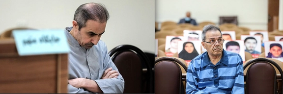Habib Asyud (left), also known as Habib Chaab, and Jamshid Sharmahd in court sessions in Iran (undated)