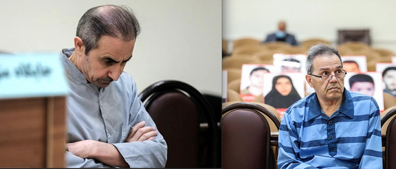 Habib Asyud (left), also known as Habib Chaab, and Jamshid Sharmahd in court sessions in Iran