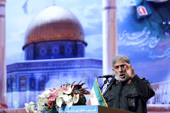 Brigadier General Esmail Qaani, the head of the Revolutionary Guards' Quds Force, speaks during a ceremony in Tehran, Iran April 14, 2022.