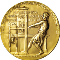 The gold Pulitzer Prize for Public Service medal, which also serves as a symbol of the Pulitzer Prizes in general.