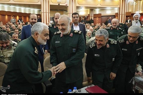 Former commander of IRGC’s extraterritorial Quds Force Qassem Soleimani (left), IRGC Commander-in-Chief Hossein Salami (2nd left) IRGC Aerospace Force commander Amir Ali Hajizadeh (3rd left) and Chief of Staff for the Armed Forces of the Islamic Republic of Iran Mohammad Bagheri (May 2019)