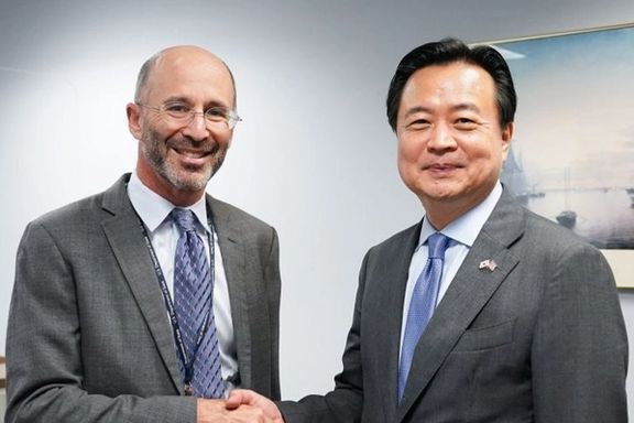US Iran envoy Rob Malley and Korean diplomat Cho Hyundong meeting in Washington on September 16, 2022
