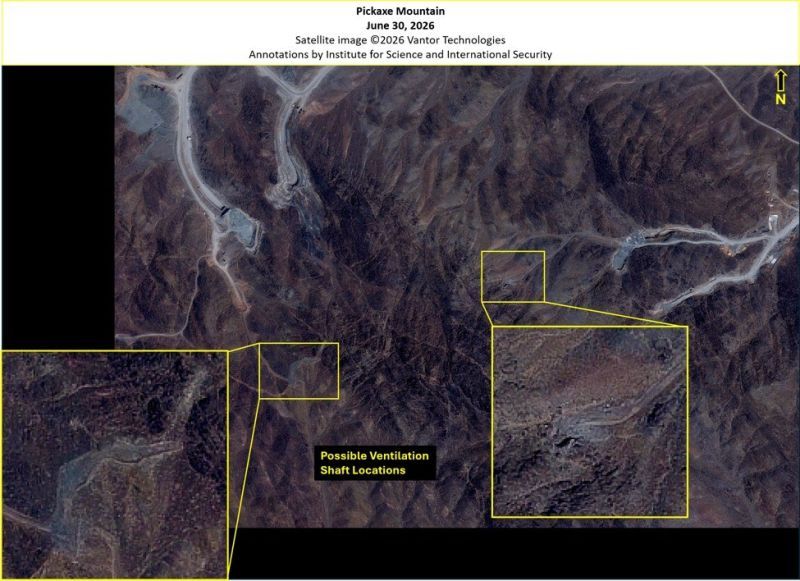 A June 30, 2026, Vantor Technologies image of Pickaxe Mountain showing potential locations for ventilation shafts.  (The Institute for Science and International Security)