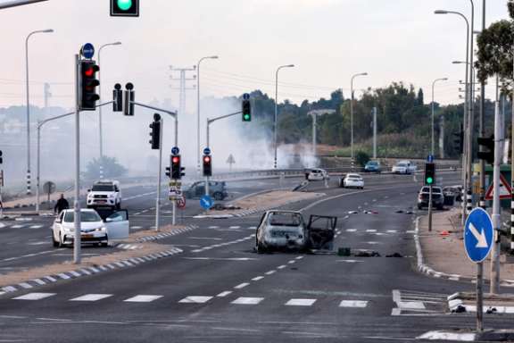A view of a junction shows the aftermath of Saturday's attack by Hamas in the Sderot area of southern Israel October 7, 2023.