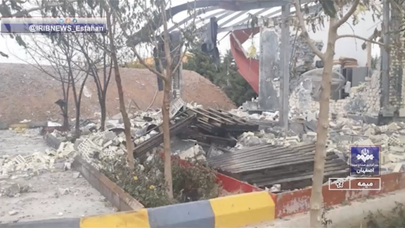 Screengrab from state media footage showing the aftermath of the explosion at the Ava Nar Parsian warehouse in Meymeh, Isfahan province, on 29 April 2025.