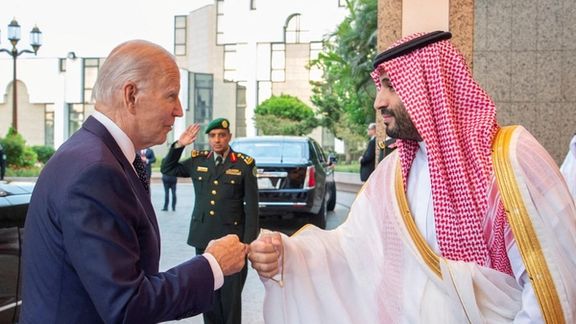 President Joe Biden fist-pumping with Saudi Arabia's Crown Prince Mohammed bin Salman. July 15, 2022