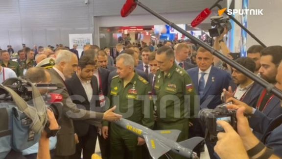 Russian Defense Minister Army General Sergey Shoigu at Iran’s military stands at the Army-2023 International Military-Technical Forum in Moscow on August 14, 2023