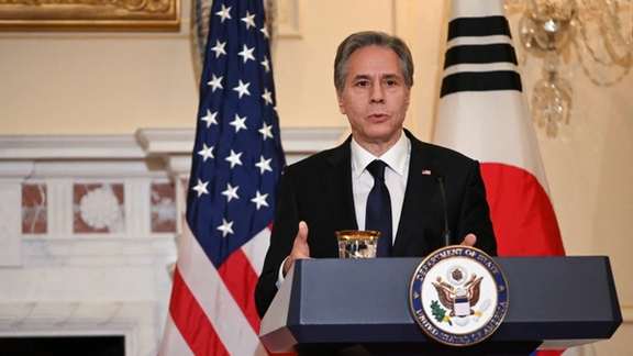 US Secretary of State Antony Blinken speaks during a news conference, after a meeting with South Korea's Foreign Minister Park Jin. June 13, 2022